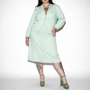 80s Vintage Green Seersucker Skirt Set Womens L 2 Piece Full Button Skirt Jacket